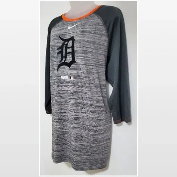 Nike Top Mens Large MLB Detroit Det. Tigers Grey Raglan Baseball Sport Shirt - Picture 6 of 14